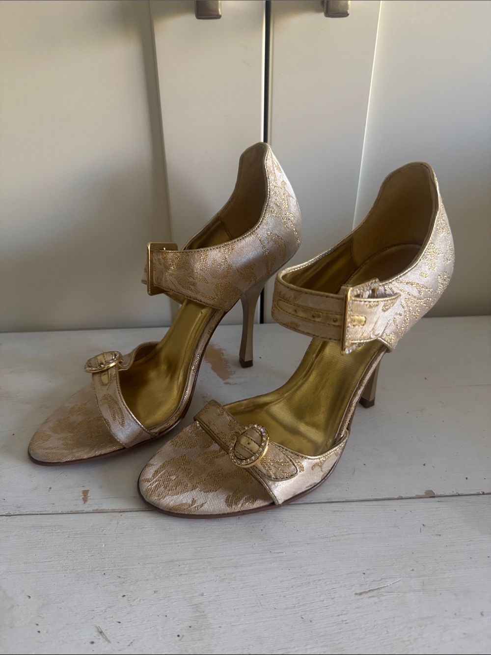Y2K Bakers Gold Brocade Open-Toe High Heels